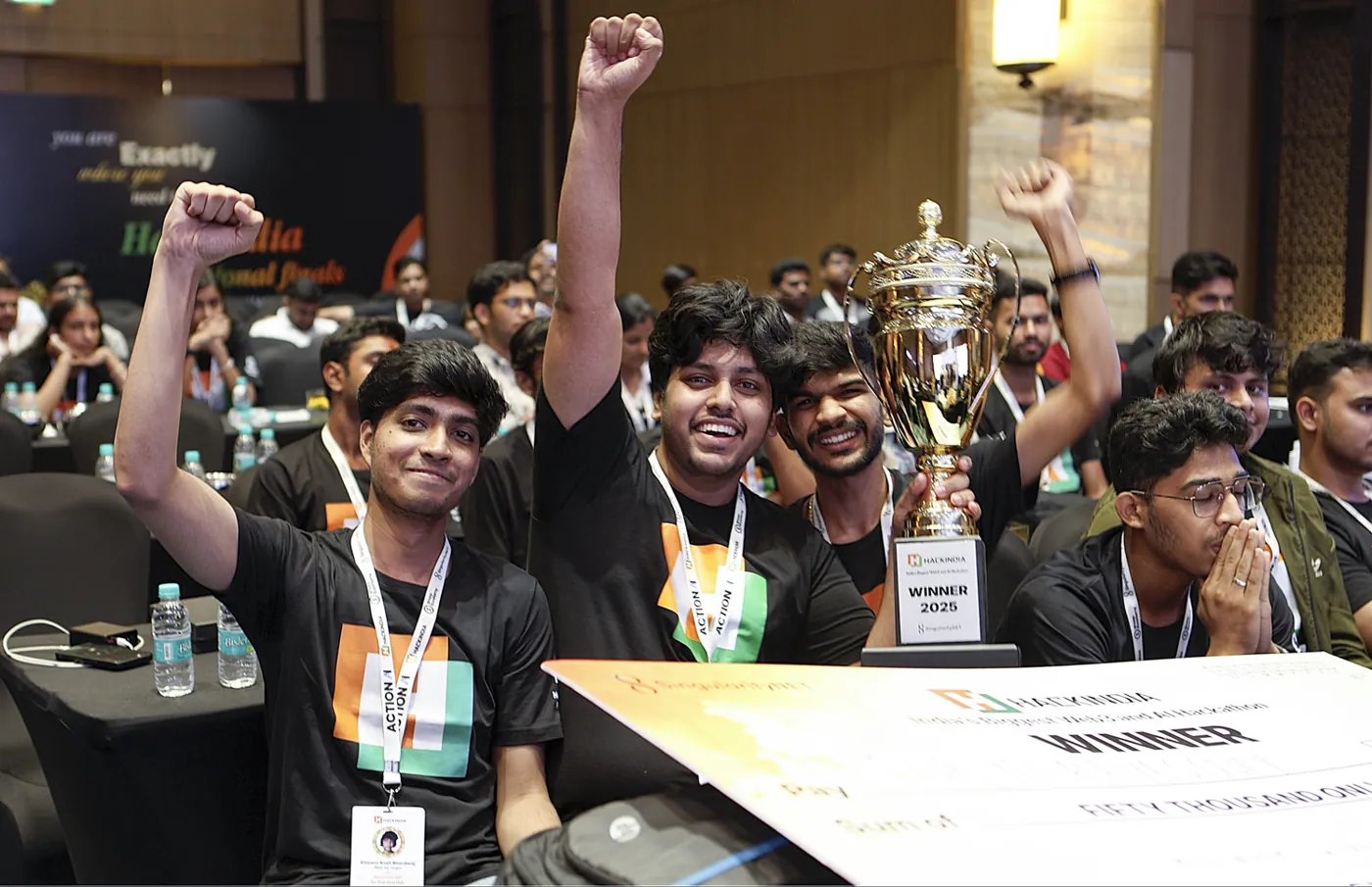 Sarthak and team cheering with the HackIndia 2025 winner trophy at the Delhi finals